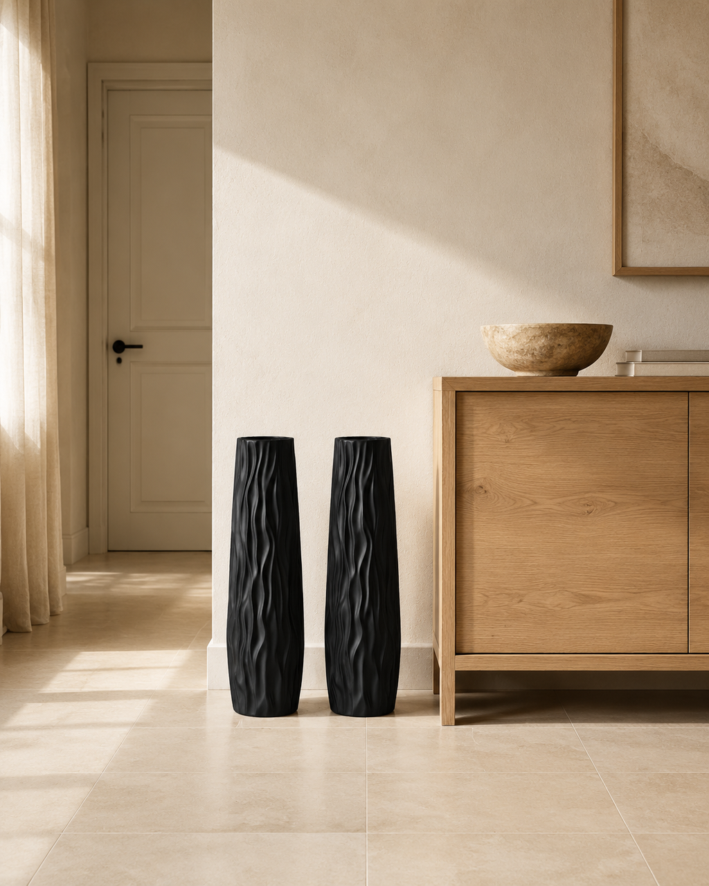 Tall Ceramic-Look Floor Vases Set of 2 – 22.8" (58 cm) - BLACK