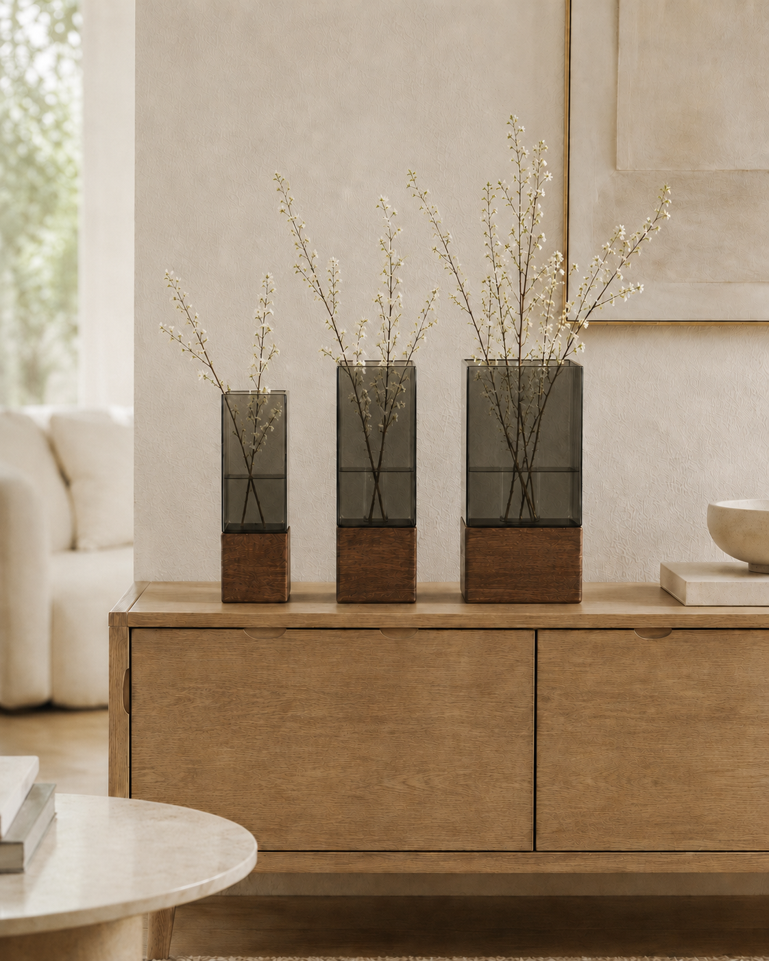 Scandinavian Acrylic Vase with Timber Base – 3 Sizes
