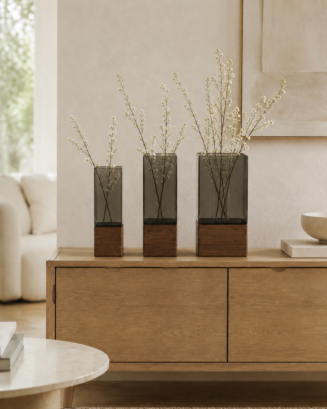 Scandinavian Acrylic Vase with Timber Base – 3 Sizes