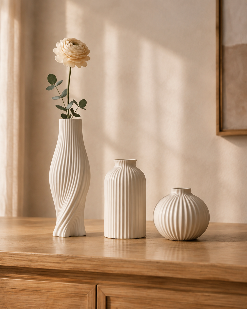 Matte White Fluted Vase Set of 3