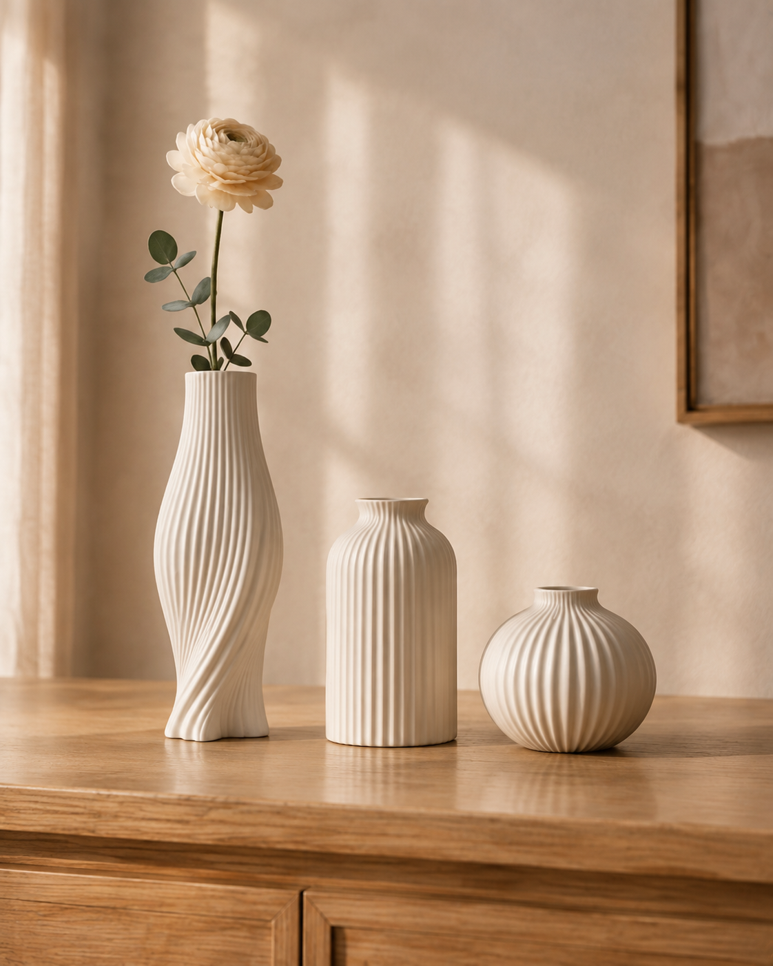 Matte White Fluted Vase Set of 3