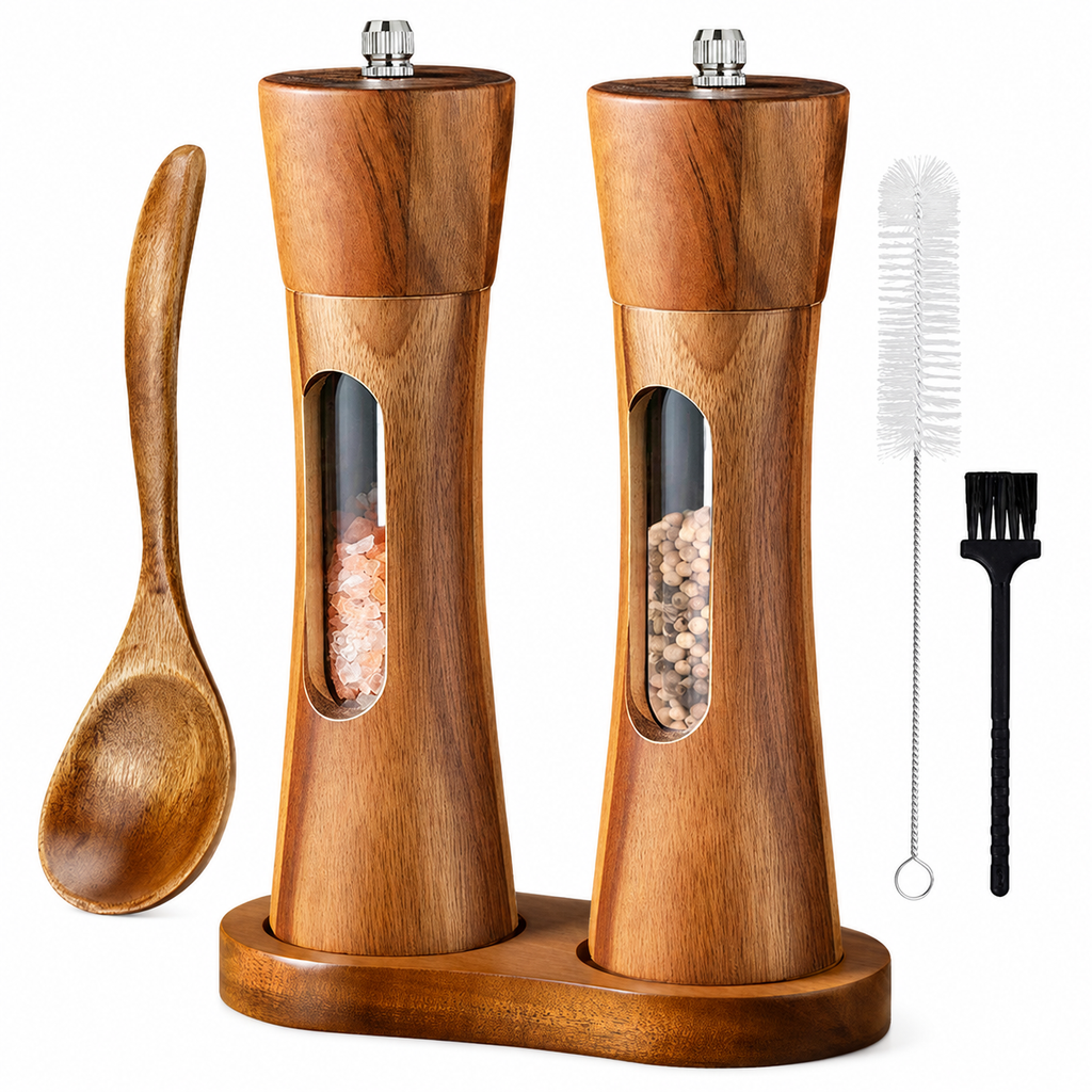 Acacia Wood Salt & Pepper Mill Set with Stand