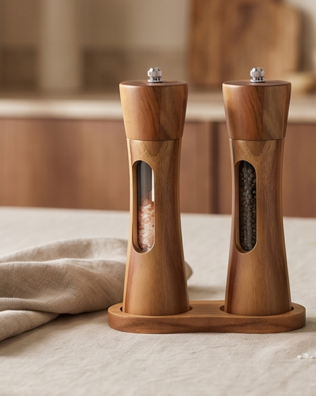 Acacia Wood Salt & Pepper Mill Set with Stand