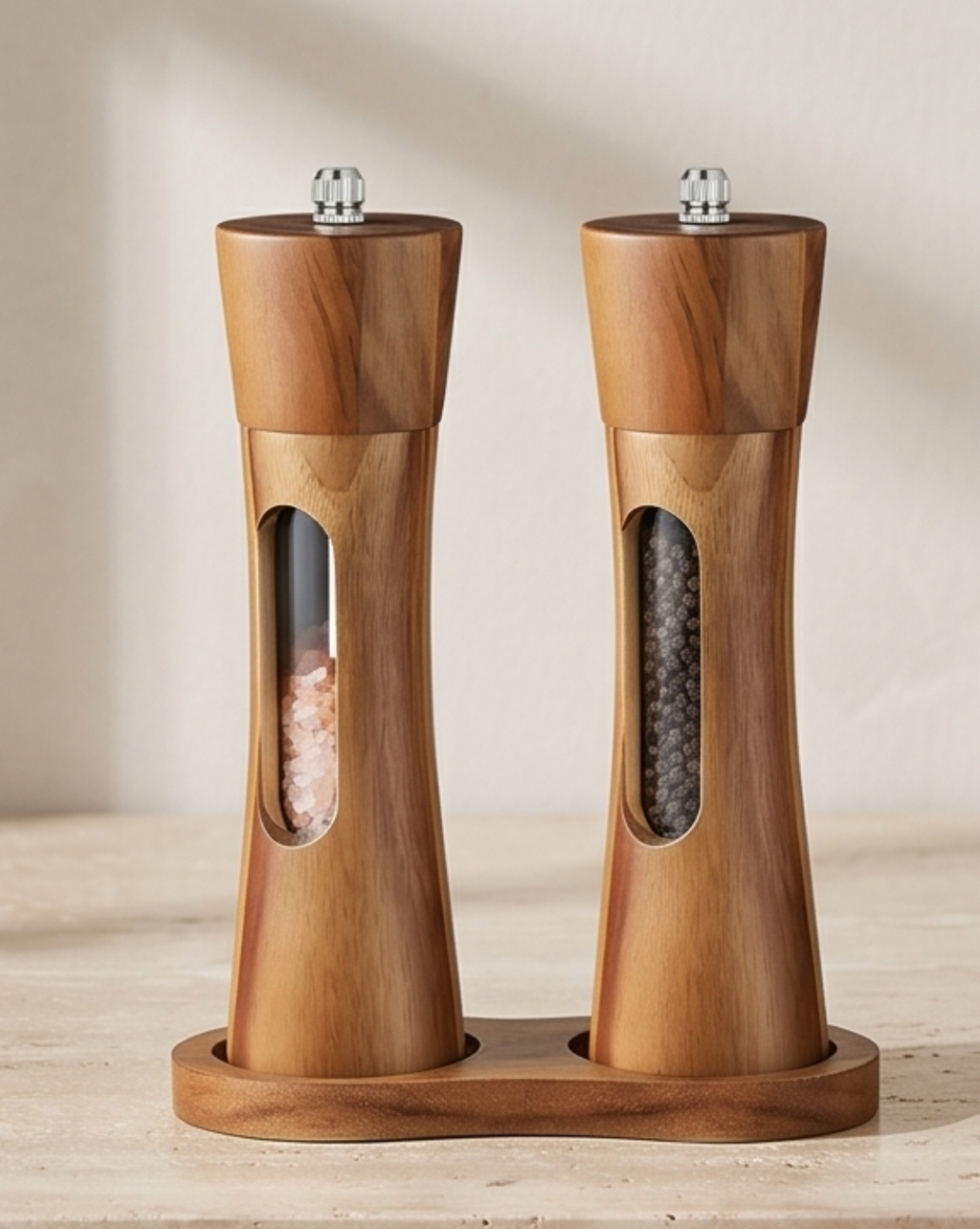 Acacia Wood Salt & Pepper Mill Set with Stand