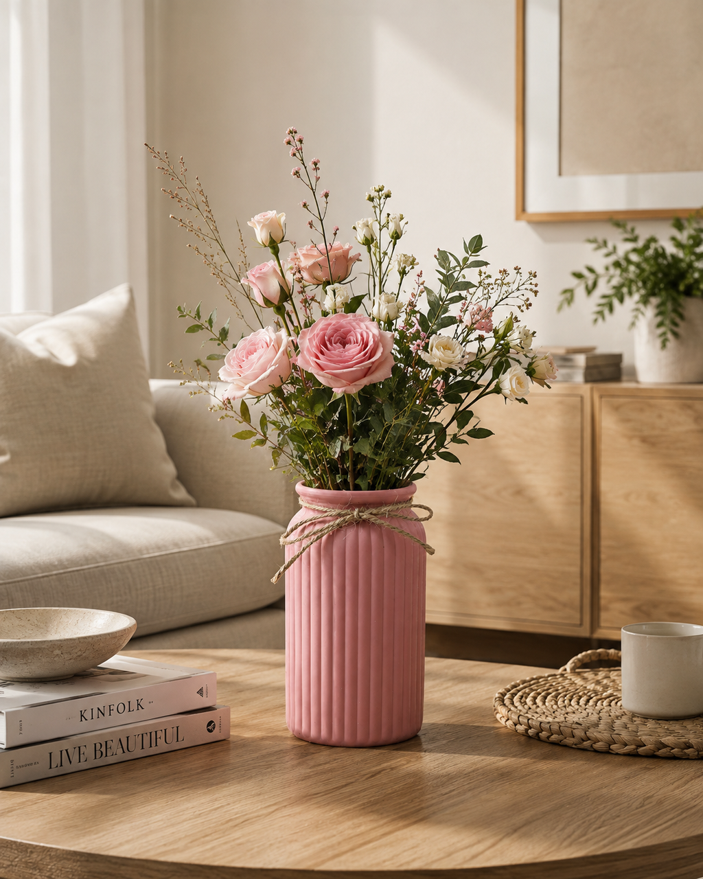 Fluted Plastic Vase with Rope Detail
