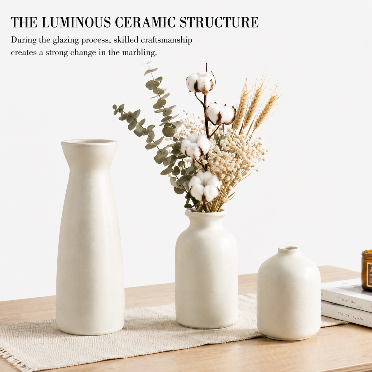 3-Piece Beige Ceramic Decorative Vase Set
