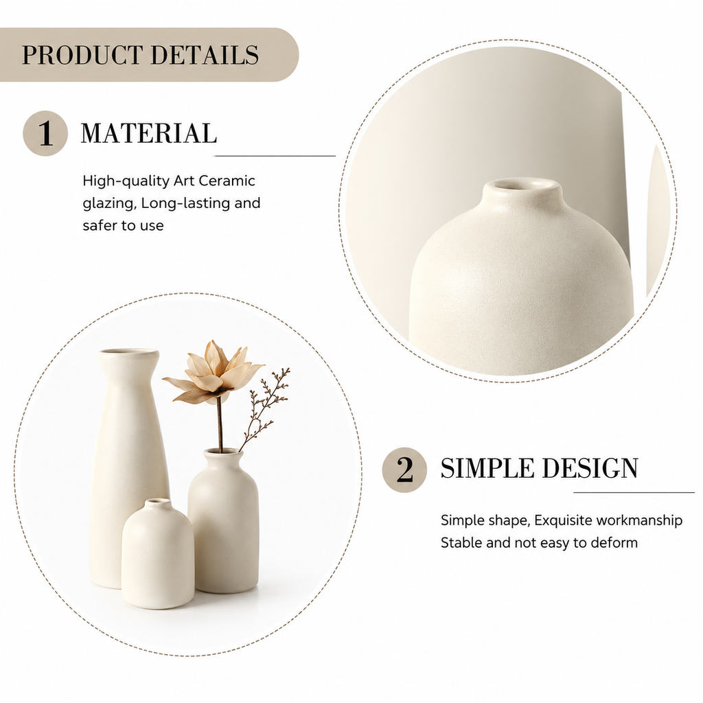 3-Piece Beige Ceramic Decorative Vase Set