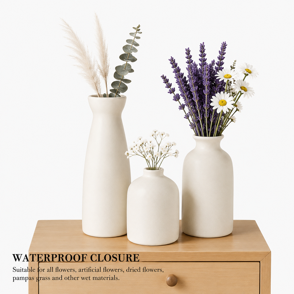 3-Piece Beige Ceramic Decorative Vase Set