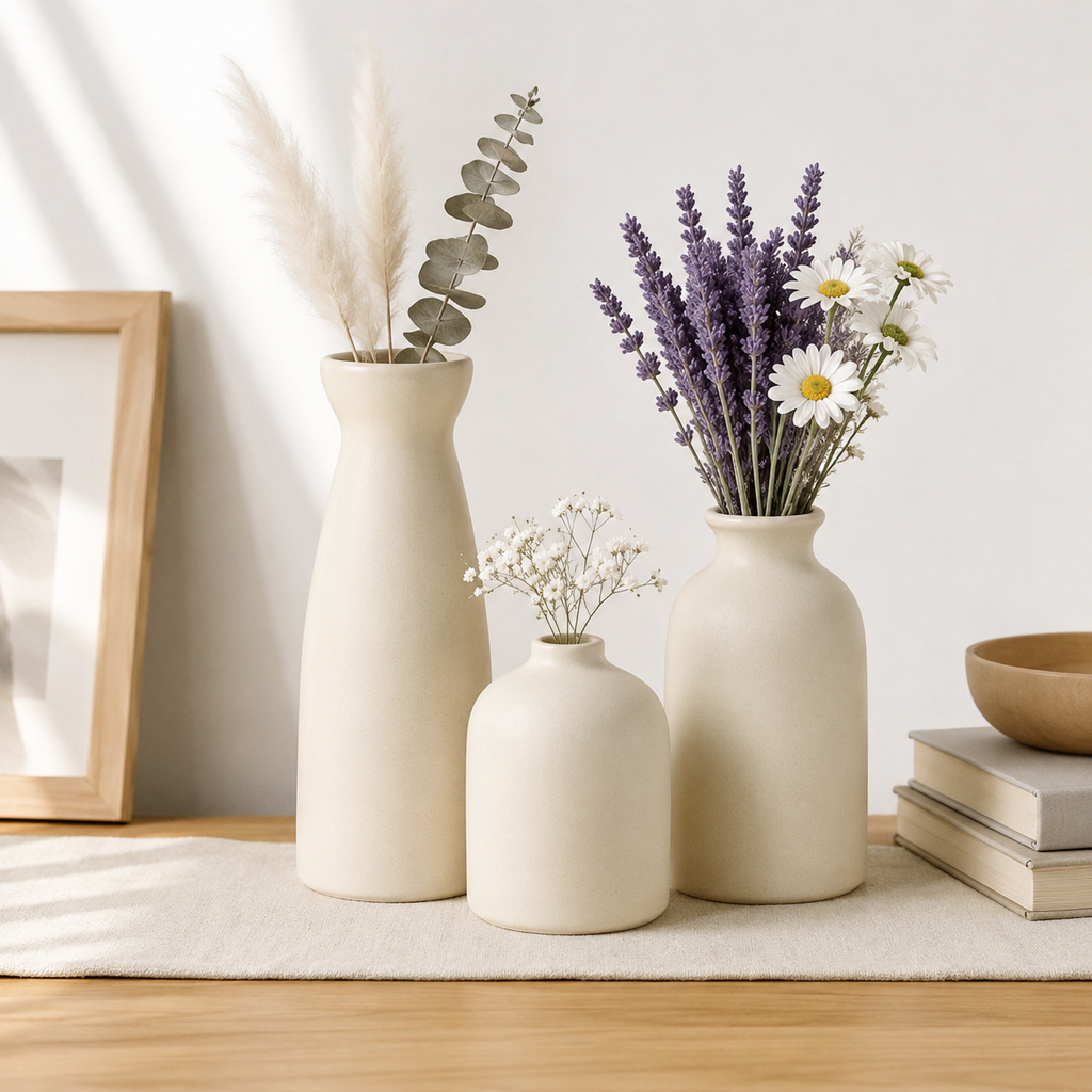 3-Piece Beige Ceramic Decorative Vase Set