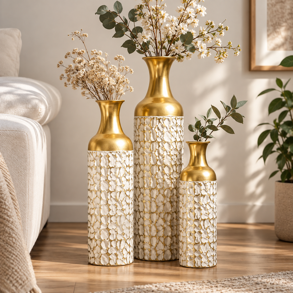 3-Piece White & Gold Floral Metal Floor Vase Set