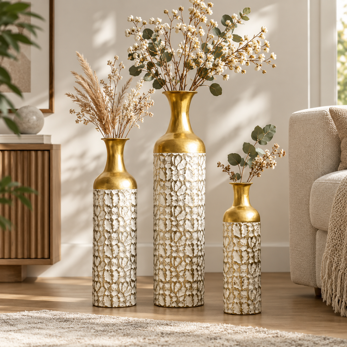 3-Piece White & Gold Floral Metal Floor Vase Set