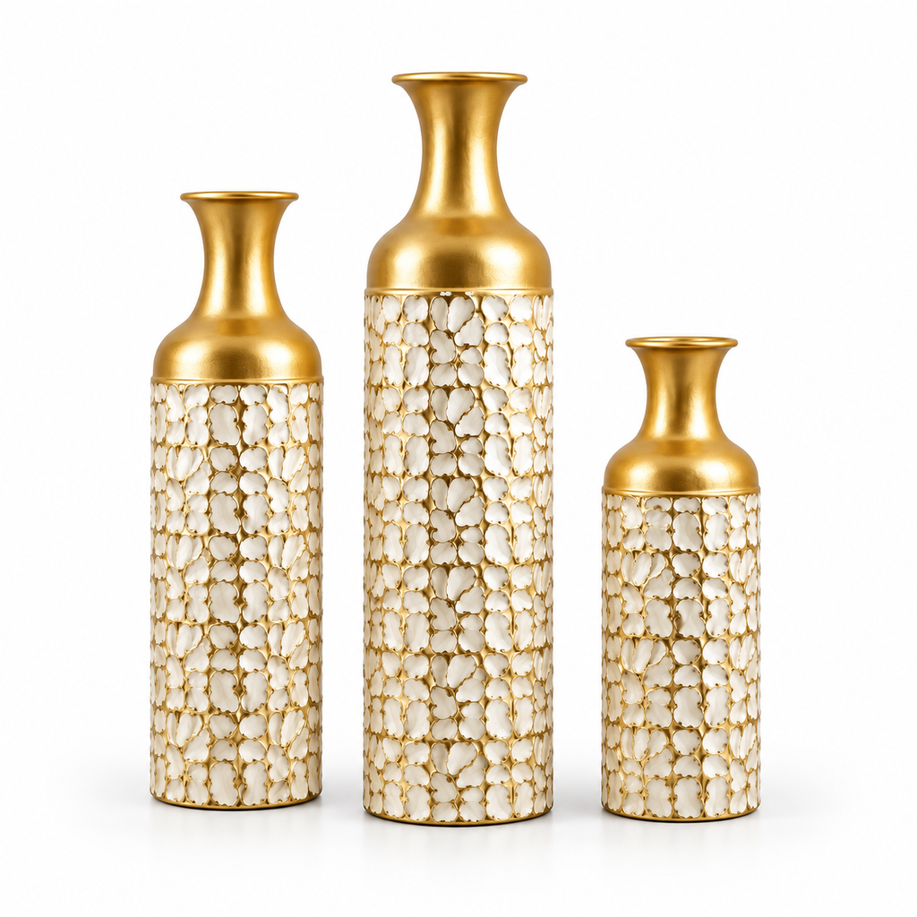 3-Piece White & Gold Floral Metal Floor Vase Set