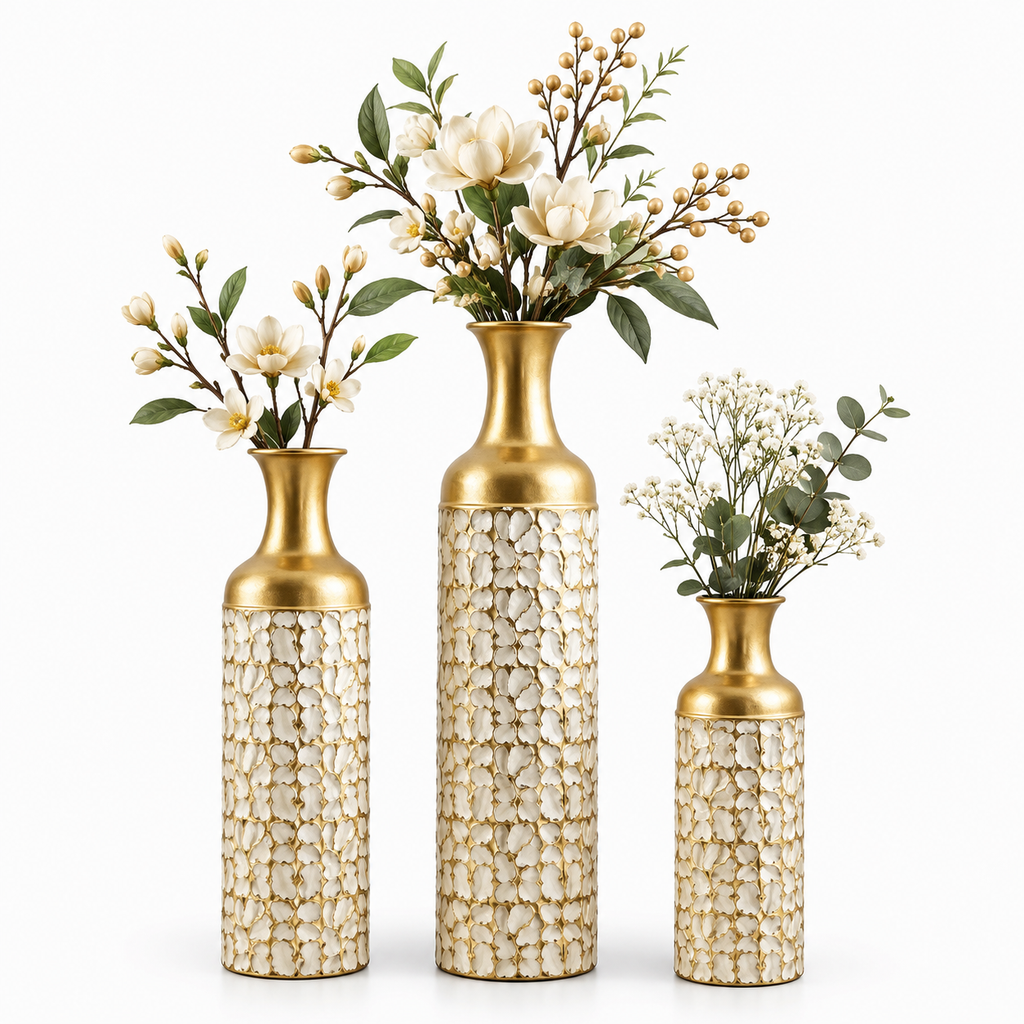 3-Piece White & Gold Floral Metal Floor Vase Set
