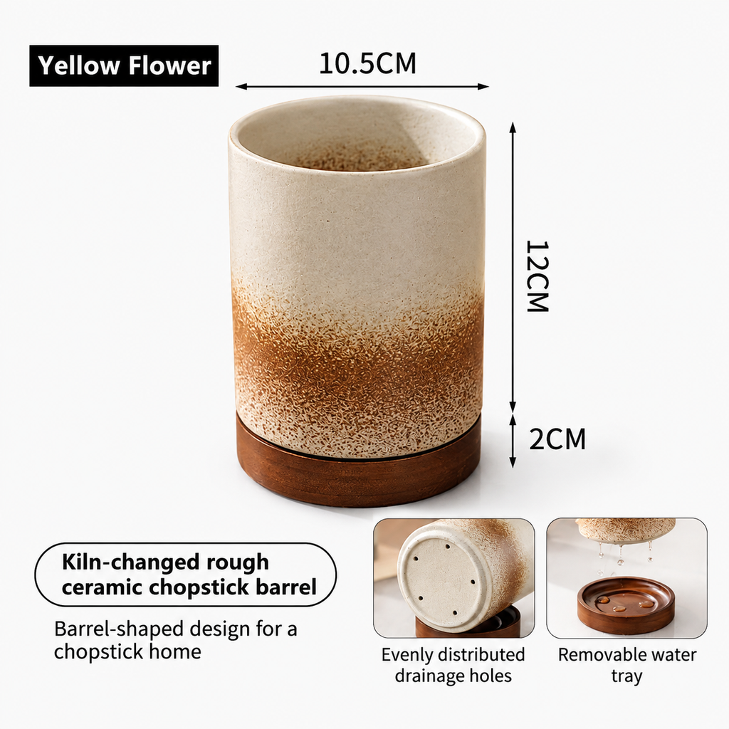 Ceramic Utensil Holder with Acacia Wood Drainage Tray