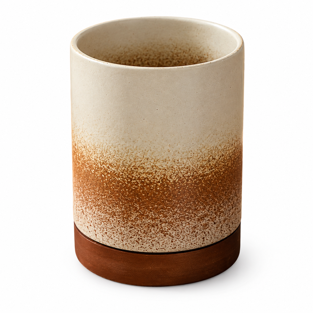 Ceramic Utensil Holder with Acacia Wood Drainage Tray