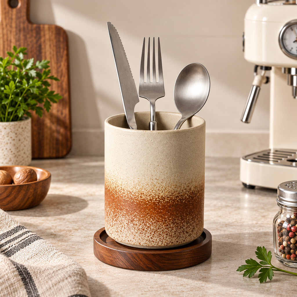 Ceramic Utensil Holder with Acacia Wood Drainage Tray