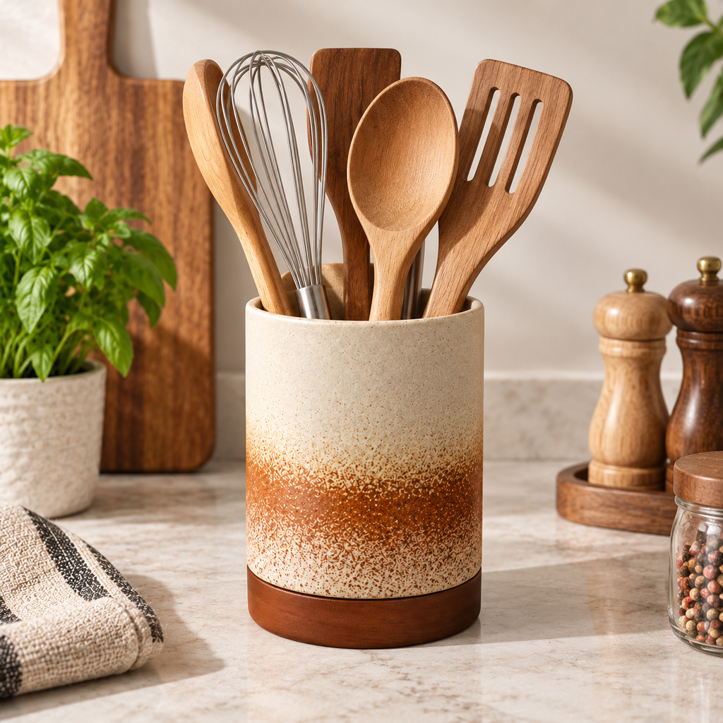 Ceramic Utensil Holder with Acacia Wood Drainage Tray